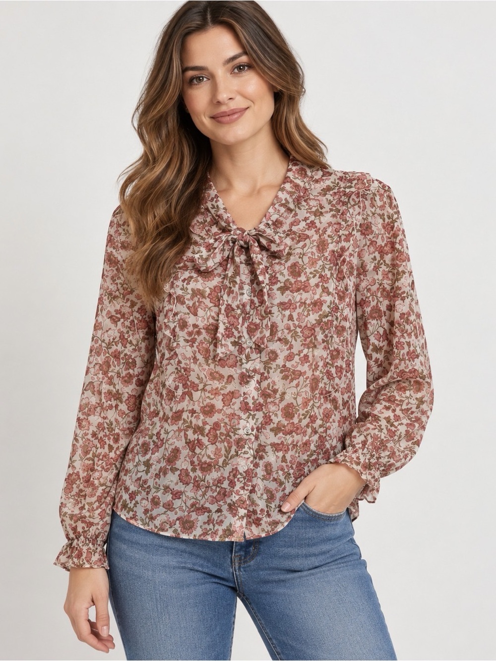 Floral Tie-Neck Blouse in Dusty Rose Print